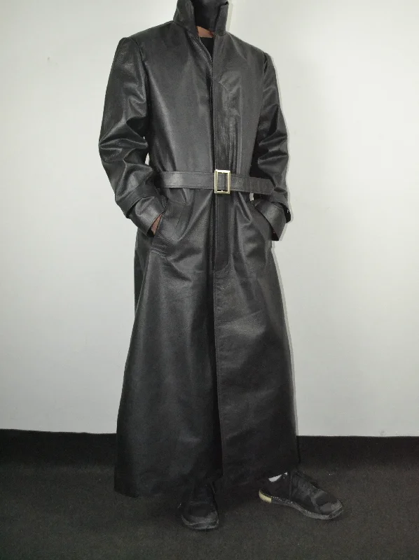 Men's Crocodile Embossed Black Genuine Leather Belted Coat