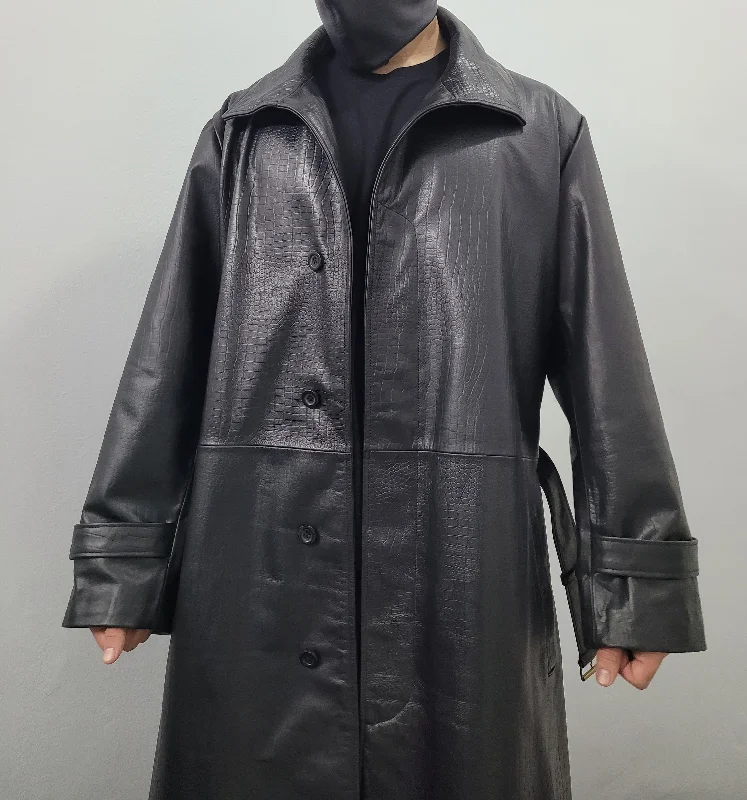 Men's Crocodile Embossed Black Genuine Leather Belted Coat