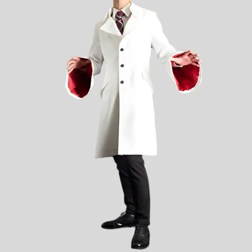 Men's Designer White Mid-Length Genuine Wool Trench Coat