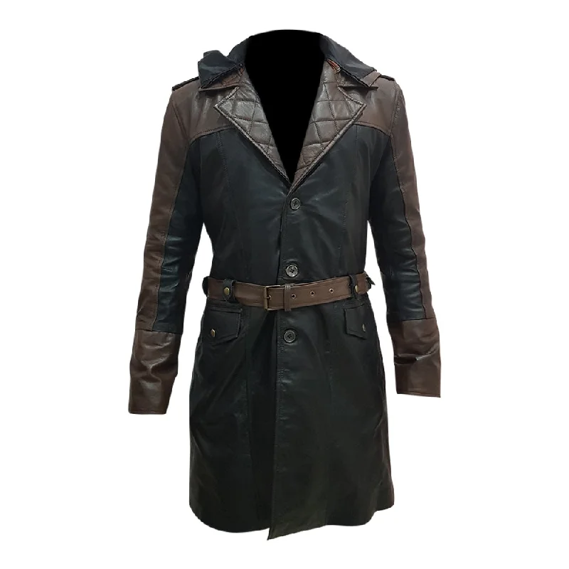 Mens Fashion Brown and Black Dorian Hoodie Creed Leather Coat