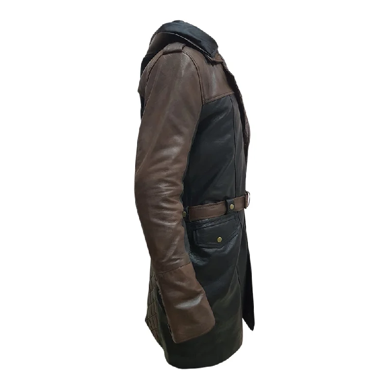 Mens Fashion Brown and Black Dorian Hoodie Creed Leather Coat