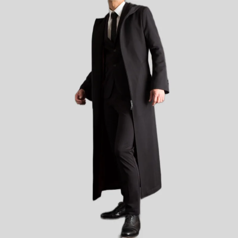 Mens Fashion Casual Zip Up Hooded Style Long Wool Coat