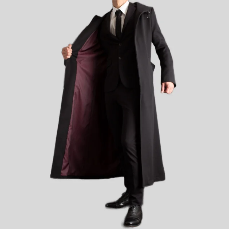 Mens Fashion Casual Zip Up Hooded Style Long Wool Coat