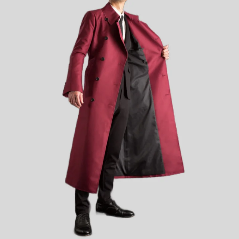 Men's Long Maroon Red Belted Genuine Wool Trench Coat