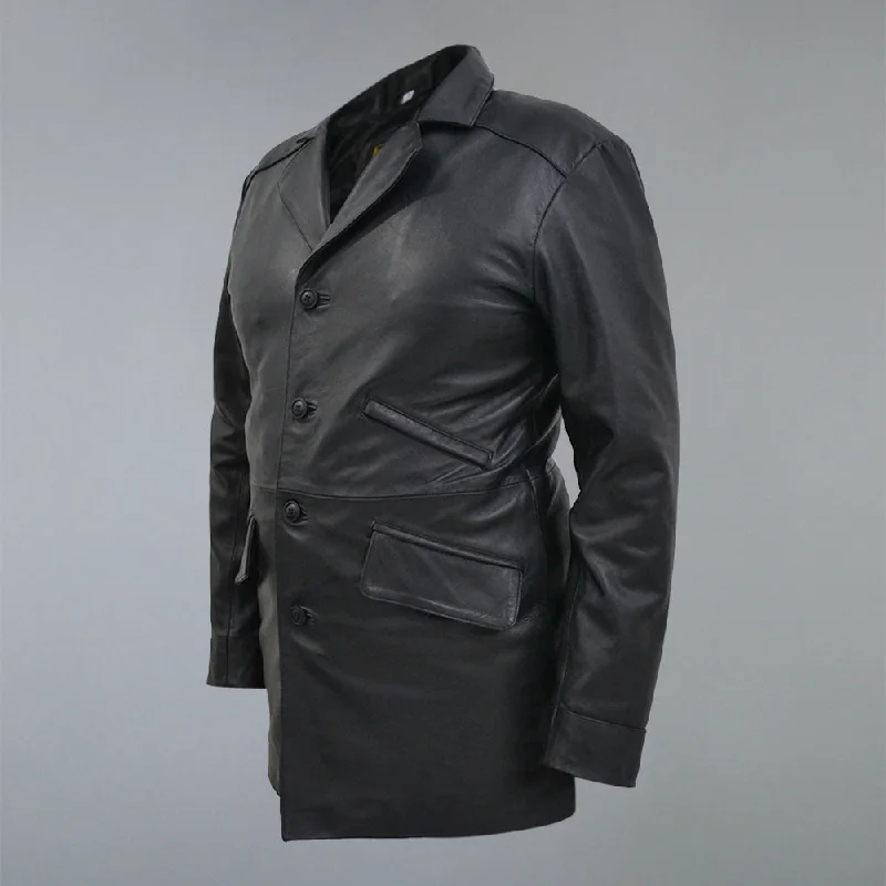 Men's Three Quarter Mid-Lenth Black Designer Genuine Leather Coat