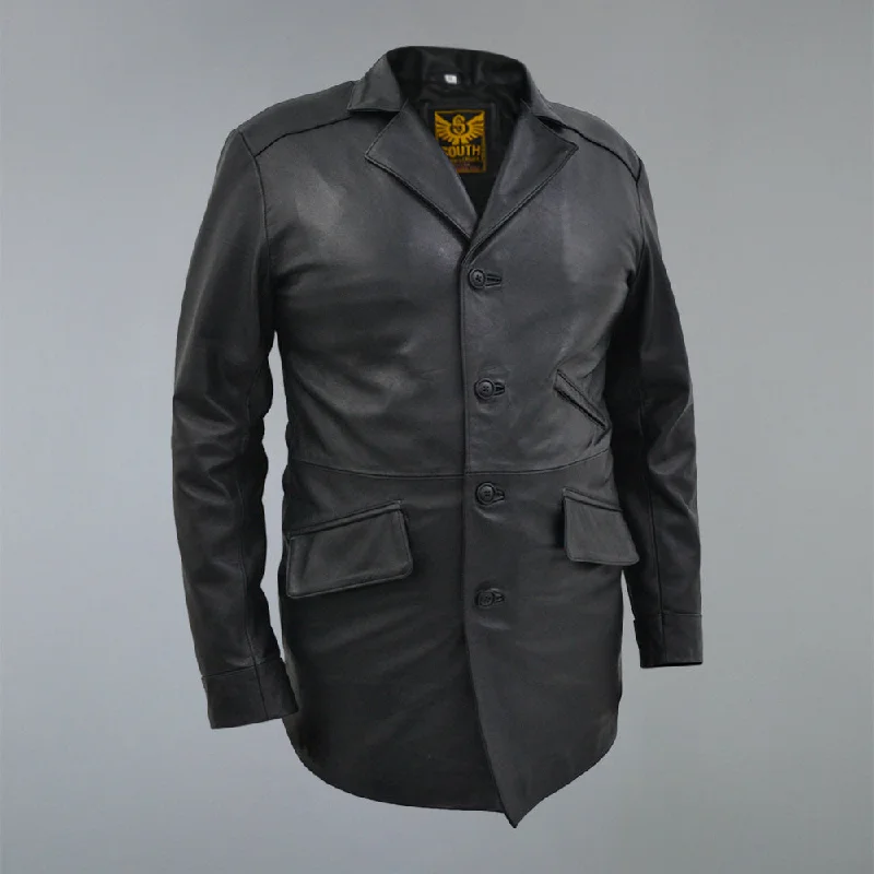 Men's Three Quarter Mid-Lenth Black Designer Genuine Leather Coat