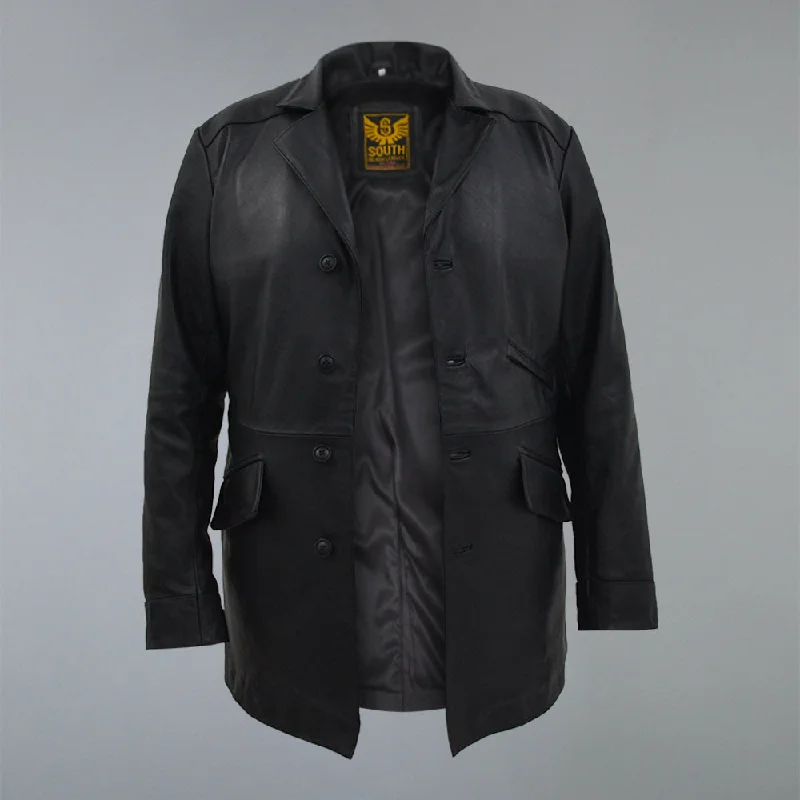 Men's Three Quarter Mid-Lenth Black Designer Genuine Leather Coat