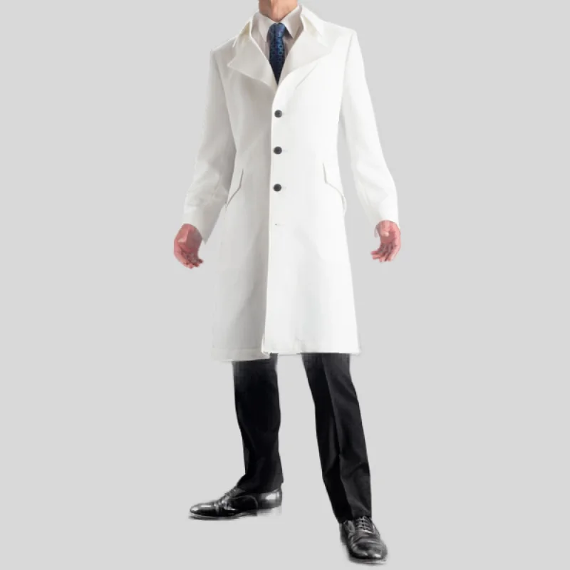 Men's White Half-Belted Back Mid-Length Genuine Wool Trench Coat