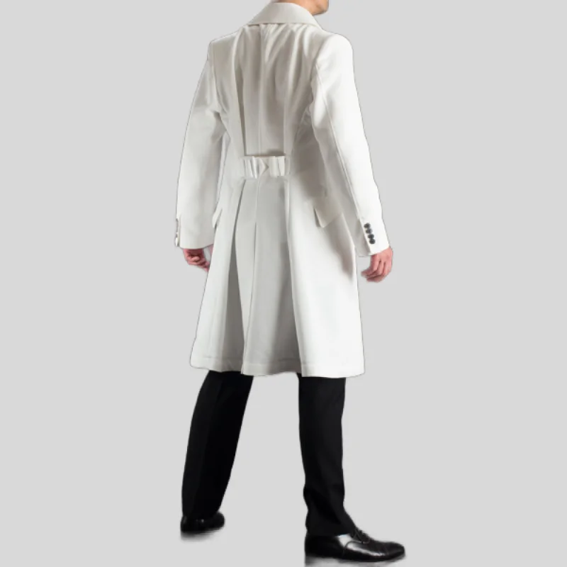 Men's White Half-Belted Back Mid-Length Genuine Wool Trench Coat