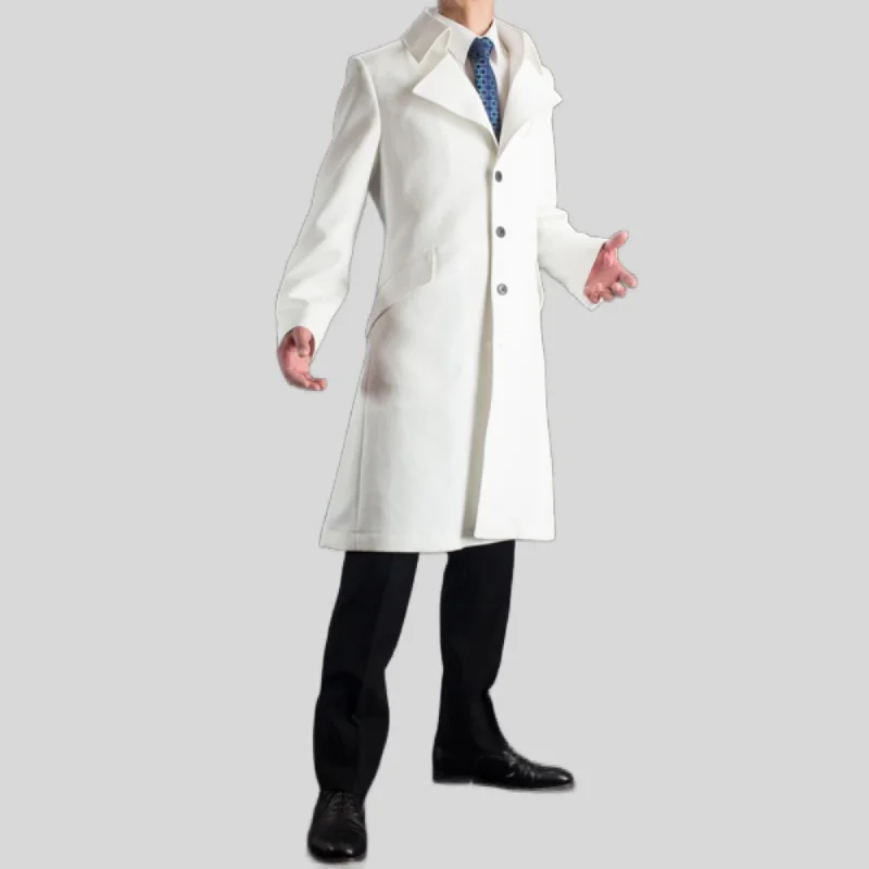 Men's White Half-Belted Back Mid-Length Genuine Wool Trench Coat