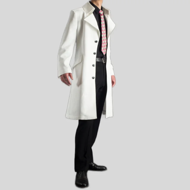 Men's White Half-Belted Back Mid-Length Genuine Wool Trench Coat