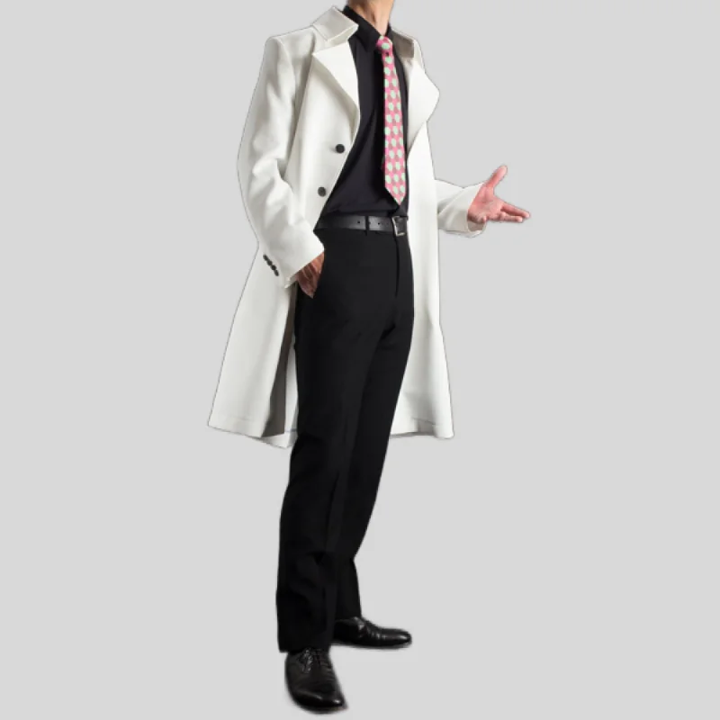 Men's White Half-Belted Back Mid-Length Genuine Wool Trench Coat