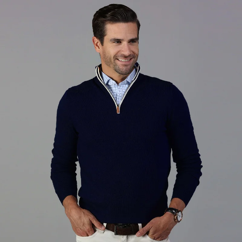 Navy with White Trim Luxury Touch Cotton and Cashmere Quarter Zip Sweater