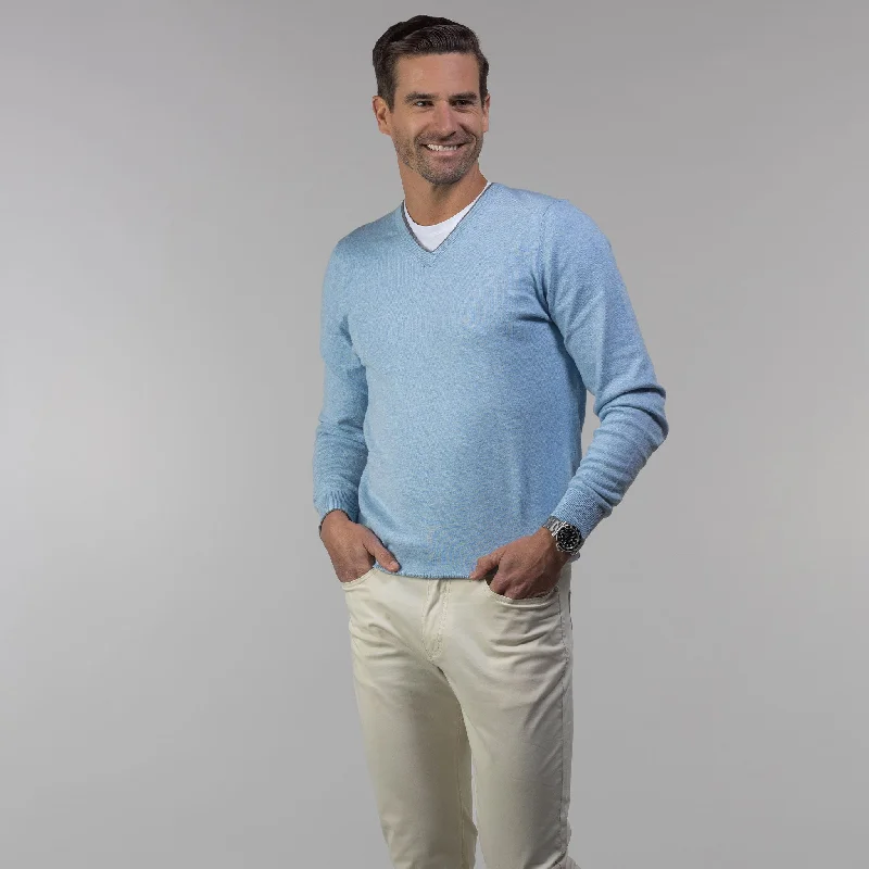 Positano Luxury Touch V-Neck Sweater Coastal Blue with Grey Trim