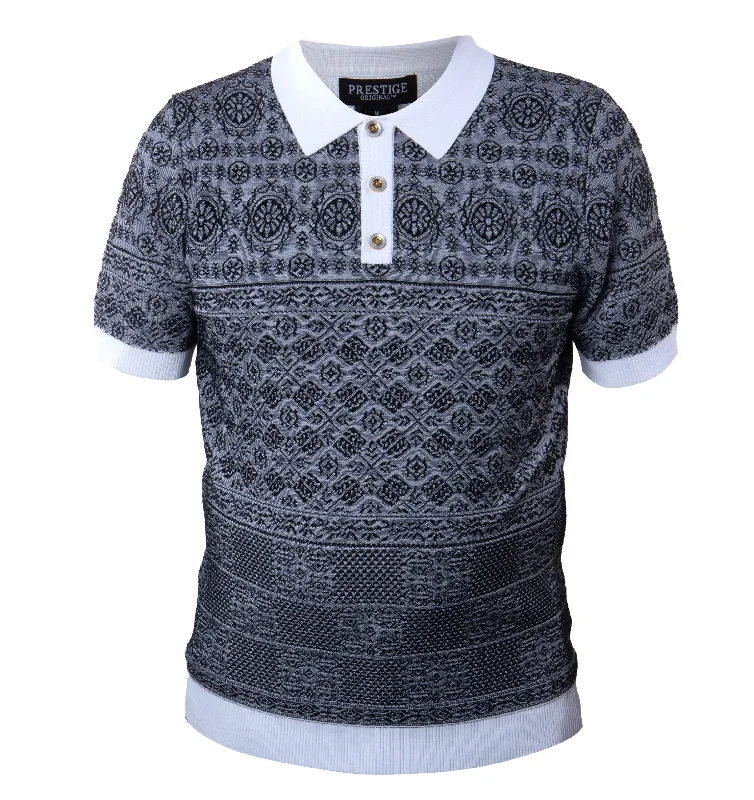 Prestige Black & White Hieroglyphics Knit Button Polo Shirt