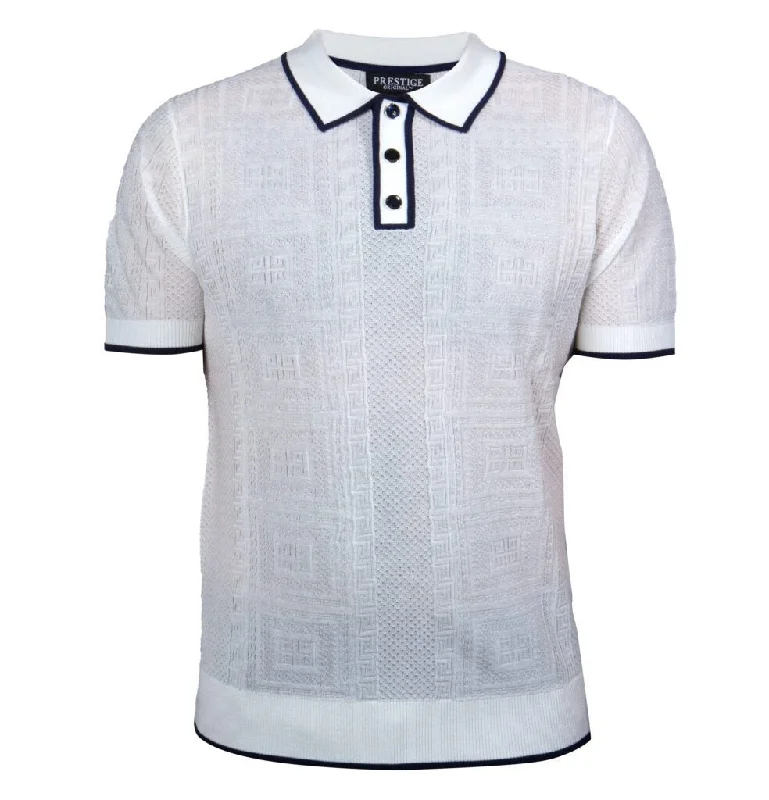 Prestige White Greek Key Knit Button Polo Shirt