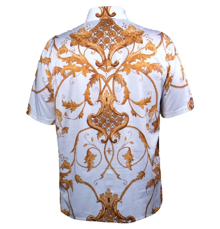 Prestige White Royal Gold Leaf Short Sleeve Button Up Shirt