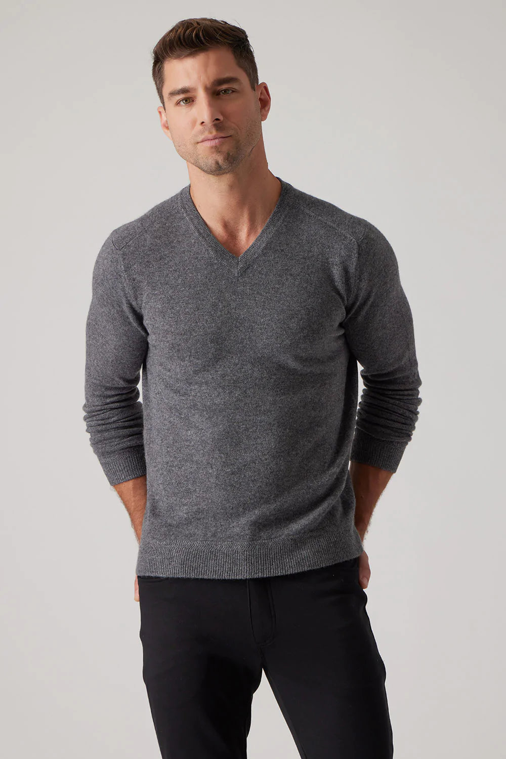 Raffi Cashmere V-Neck Sweater in Granite