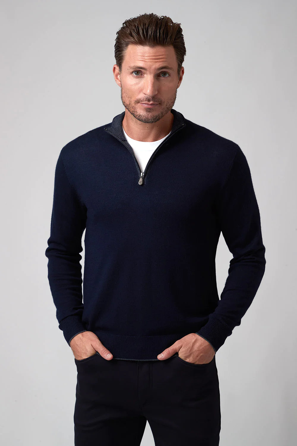 Raffi Merino Zip Mock in Navy