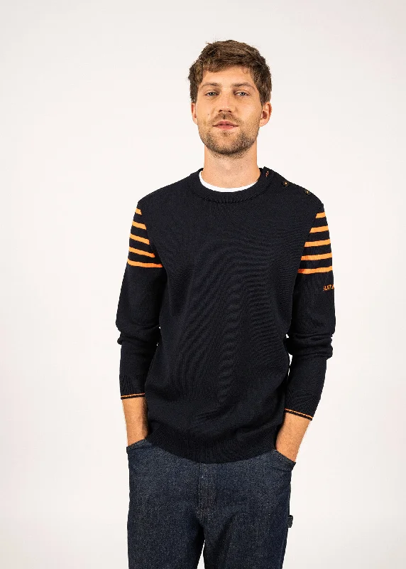 Sablons sailor jumper with shoulder striped yokes-  buttoned round neck, in wool (NAVY/ORANGE FLUO)