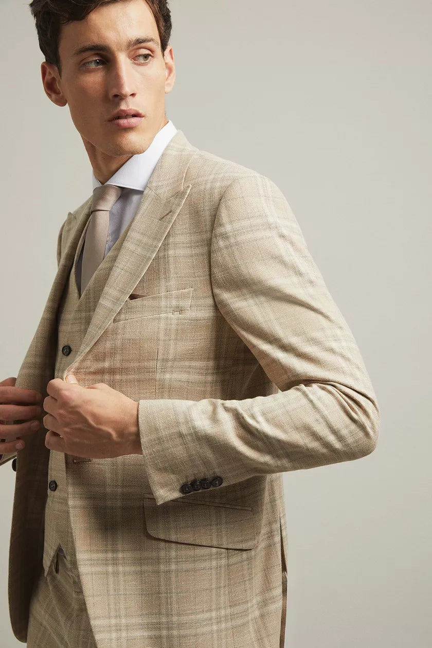 Skinny Fit Stone Textured Check Jacket Neutral