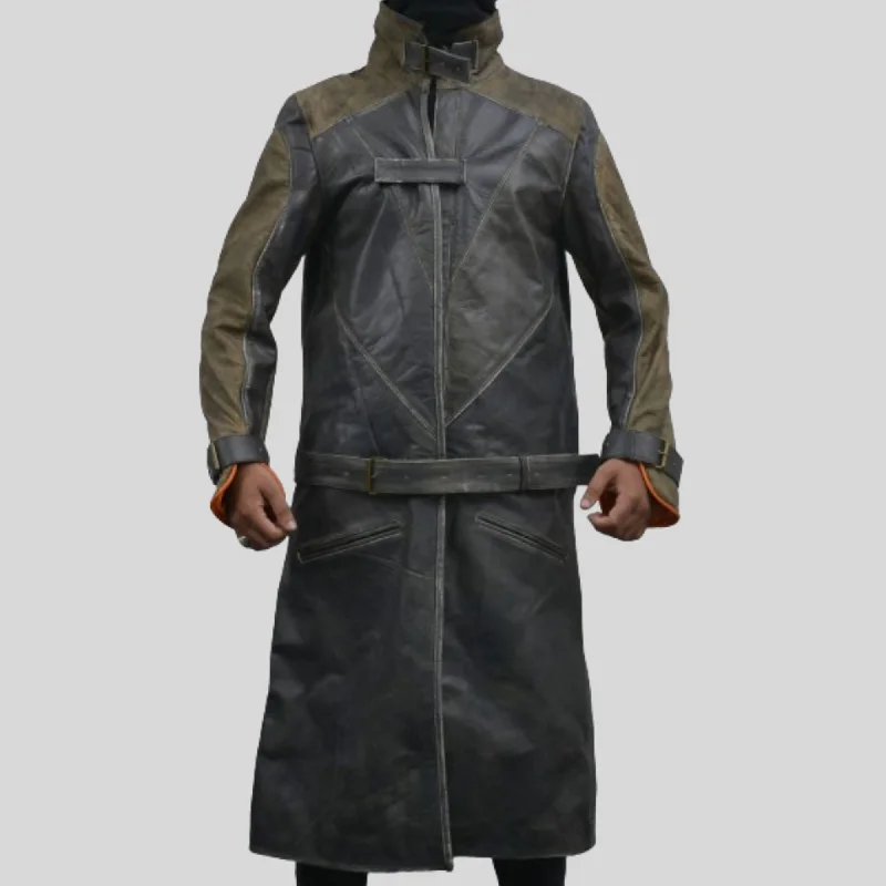 Watch Dogs Aiden Pearce Video Game Long Brown Belted Trench Leather Coat