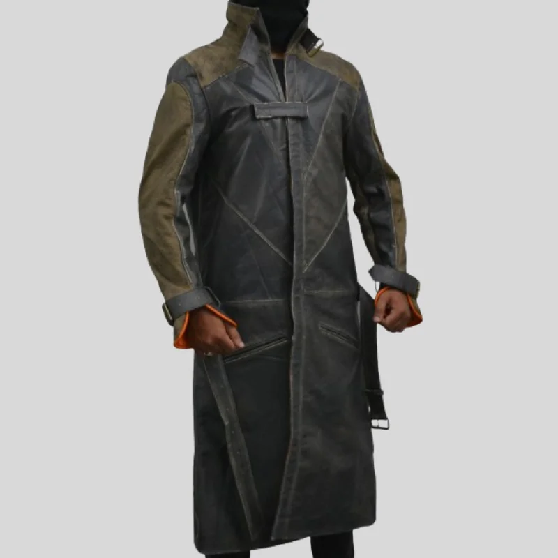 Watch Dogs Aiden Pearce Video Game Long Brown Belted Trench Leather Coat