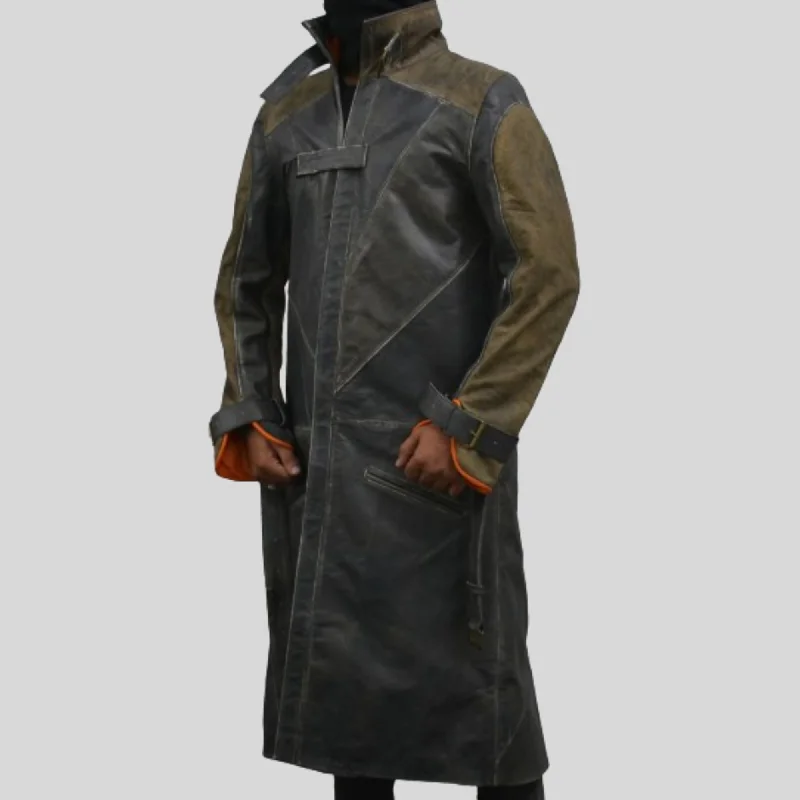 Watch Dogs Aiden Pearce Video Game Long Brown Belted Trench Leather Coat