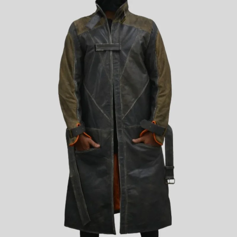 Watch Dogs Aiden Pearce Video Game Long Brown Belted Trench Leather Coat