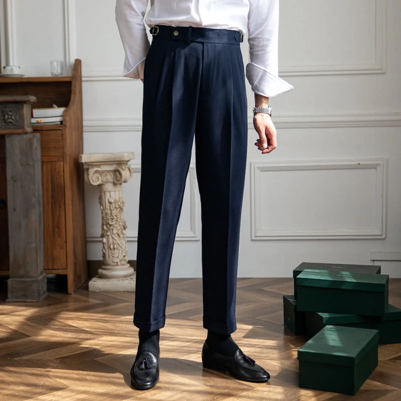 London Wool Blend Textured Double Pleated Trousers