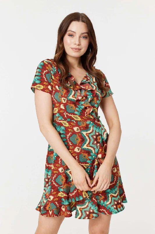 Printed Ruffle Front Wrap Dress