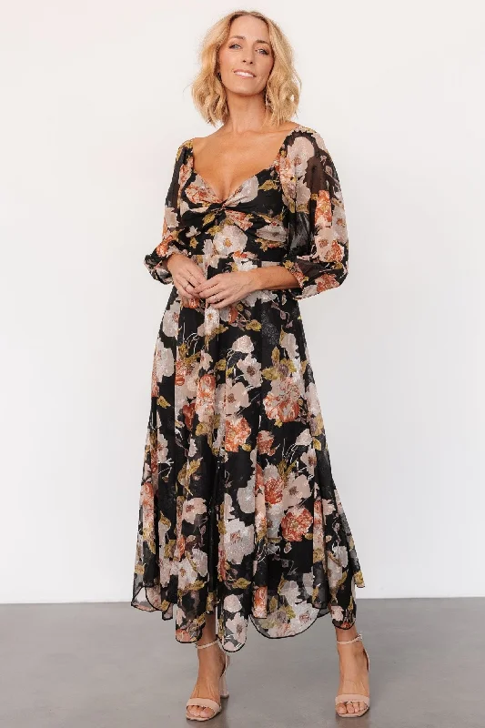 Etta Midi Dress | Black + Peach Floral