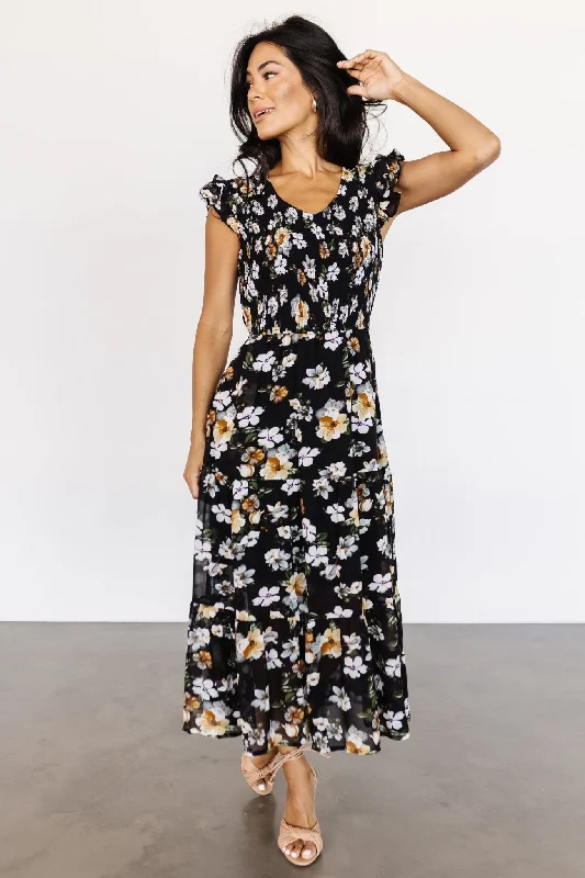 Kenna Smocked Midi Dress | Black Floral