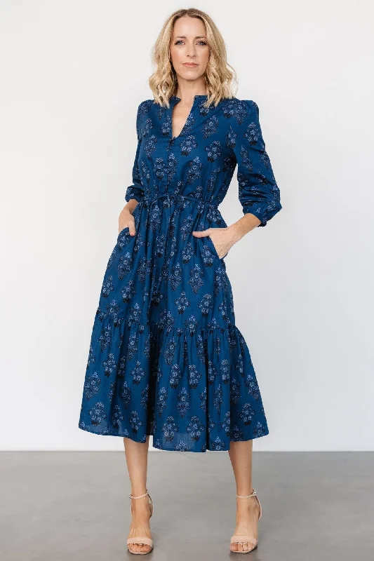 Mira Midi Dress | Deep Blue Print