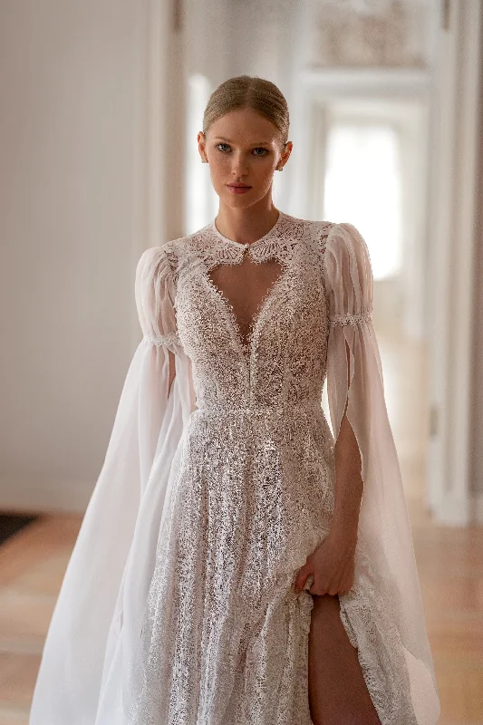 A-Line V-Neck Bohemian Lace Wedding Dress with Removable Cape