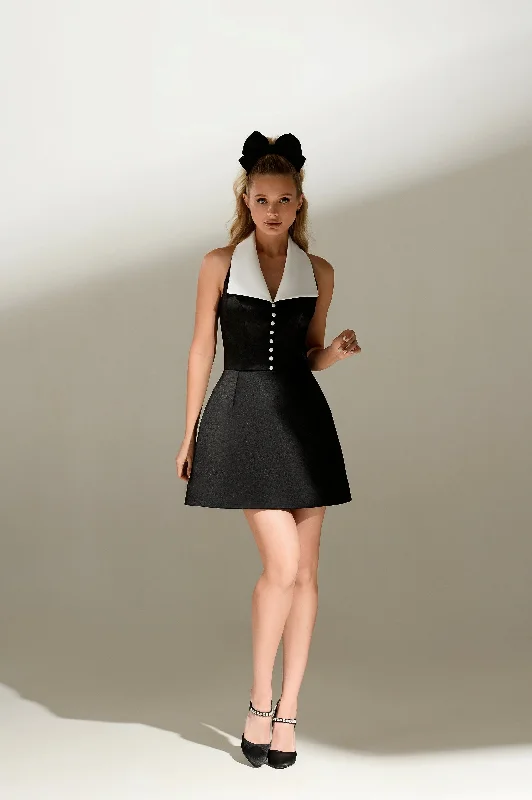 Black and White Collar Sleeveless Mini Dress with Bow