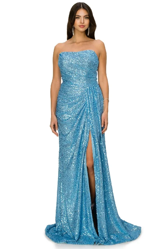 Bliss Fitted Strapless Ruched Sequin Slit Gown for Women, Sizes XS-3XL