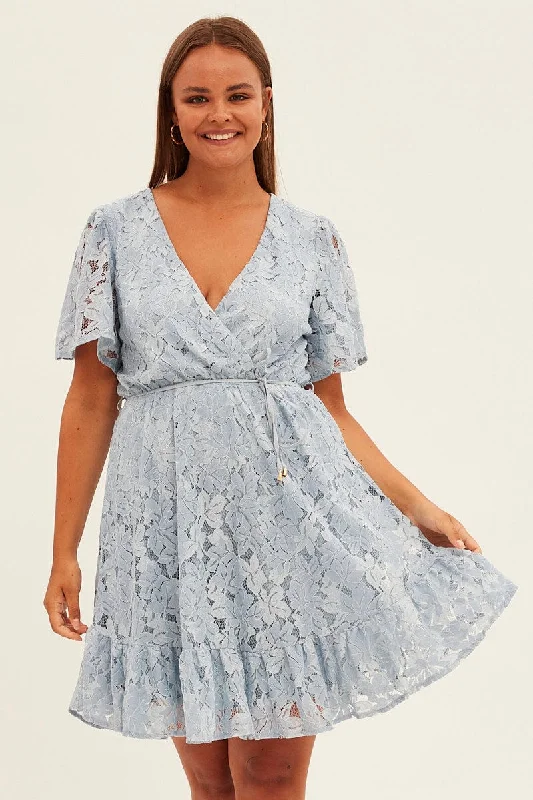 Light Blue Fit And Flare Dress Short Sleeve Wrap Lace