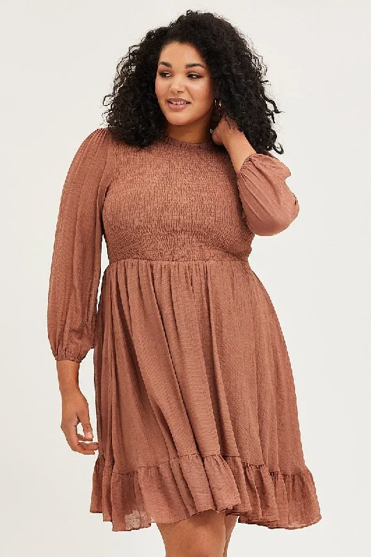 Brown Skater Dress Round Neck Long Sleeve Shirred