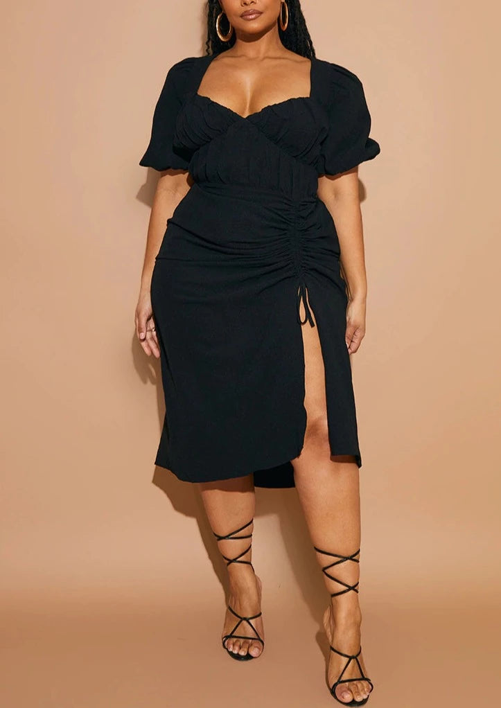 Hailey PUFF SLEEVE RUCHED SIDE SPLIT MIDI DRESS