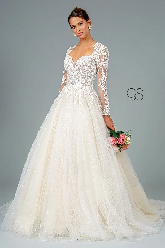 Illusion V-Neck Embroidered Mesh Long Wedding Gown