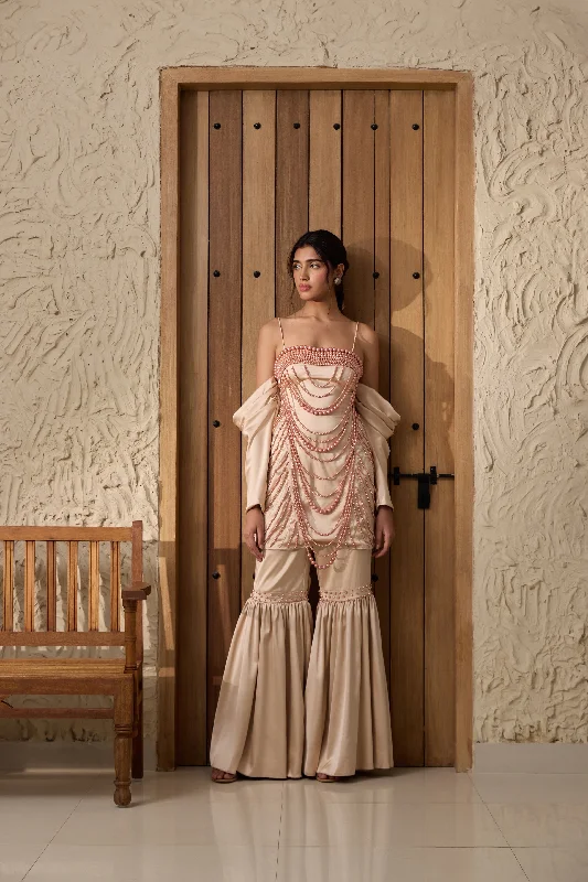 Nadira Champagne Hand-Embroidered Sharara Set