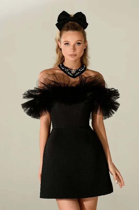 Ruffled Strapless Black Mini Dress with Choker