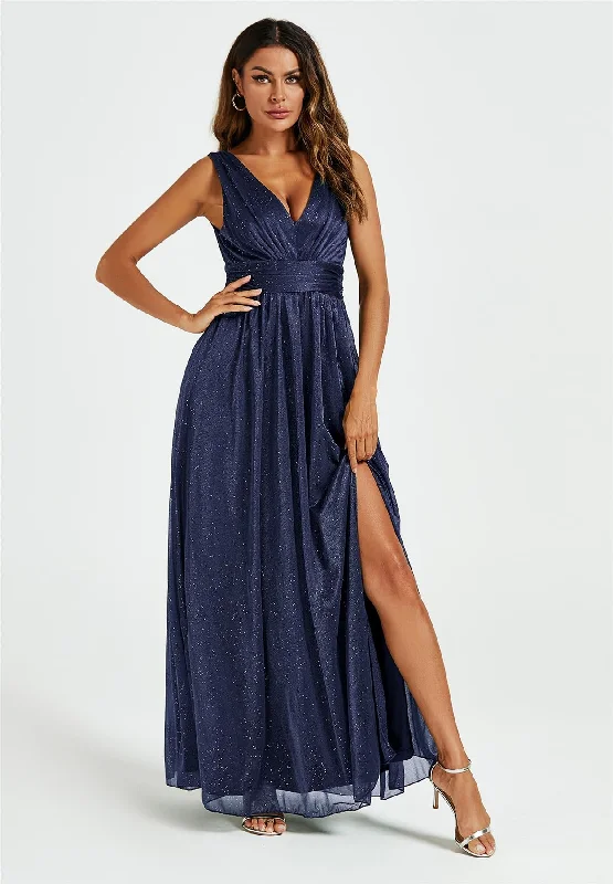 Sparkly V Neck Bridesmaid Maxi Dress In Navy