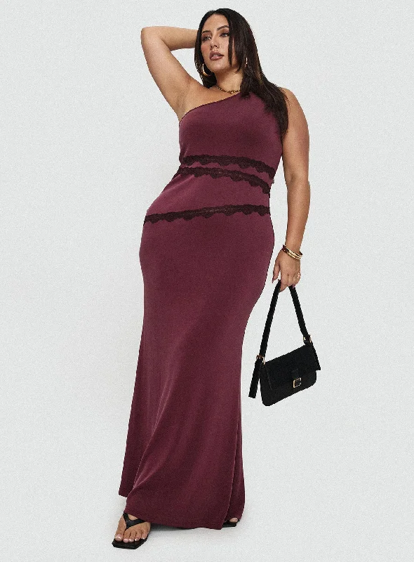 Ultraviolet One Shoulder Lace Maxi Dress Wine Curve