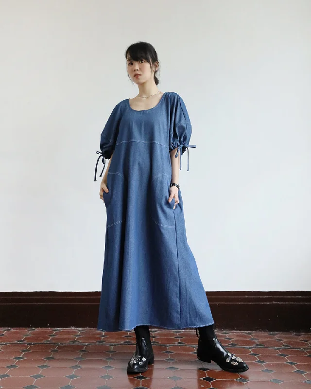 Ballon Sleeved Denim Dress