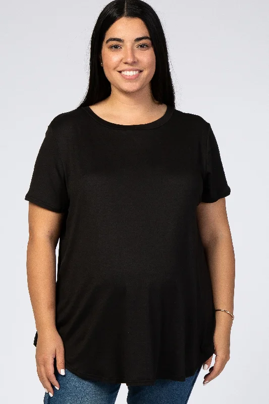 Black Round Hem Short Sleeve Maternity Plus Top