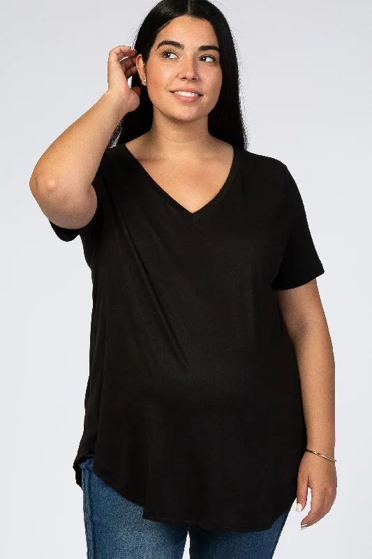 Black V-Neck Short Sleeve Maternity Plus Top