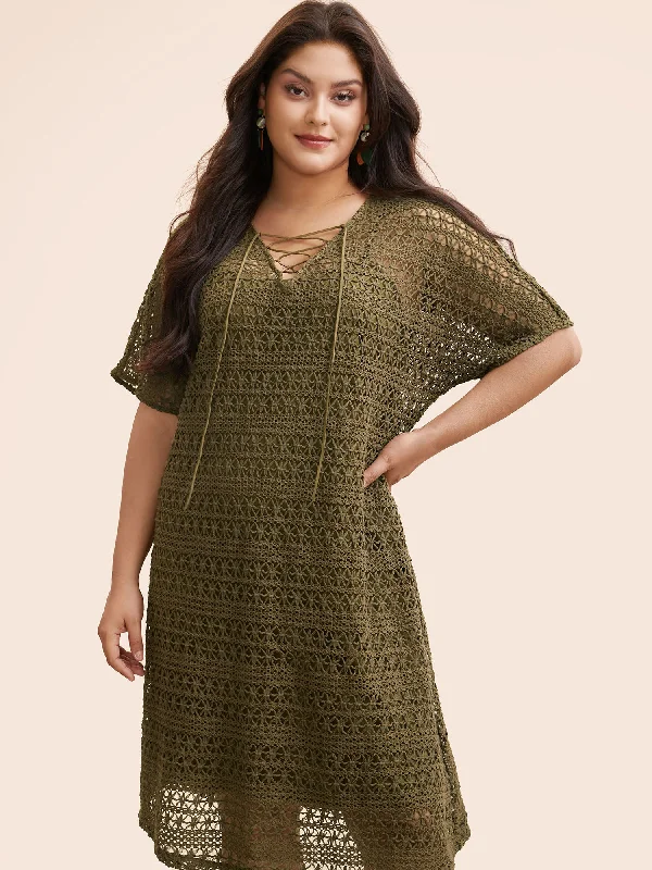 Crocheted Lace Up Dolman Sleeve Tiered Dress