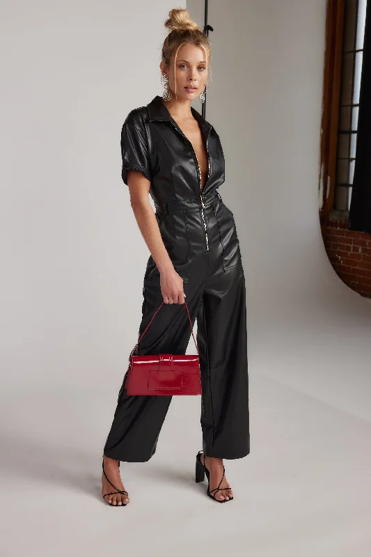 Erika Black Leather Jumpsuit